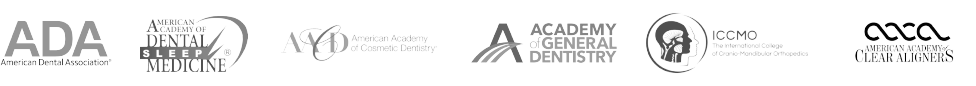 Logos of professional dental organizations, indicating clinic affiliations and certifications.