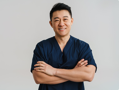 Smiling dental professional in navy scrubs standing with arms crossed.