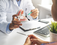 Dentist explaining oral care using a dental model during a patient consultation.